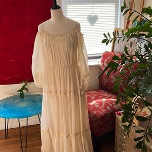 Boho 1970’s Cream Off Shoulder Ruffle Tiered Maxi Dress